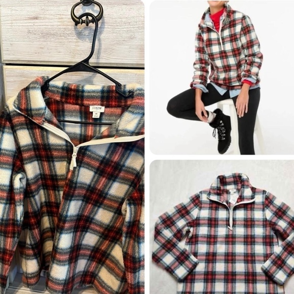 J Crew Woman’s Factory tartan plaid sherpa half zip pullover sweater Size M - Picture 1 of 7